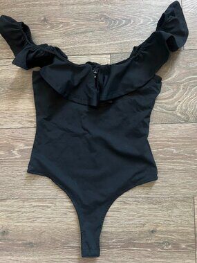 Lulus Black Off the Shoulder Stretch Ruffle Bodysuit Size Small